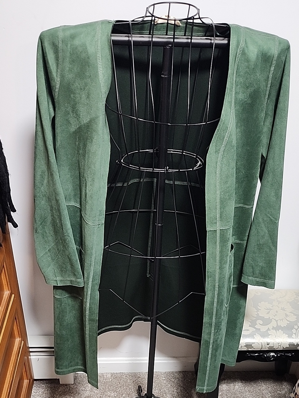 Solitaire Forest Green Suede Open-Front Trench Coat